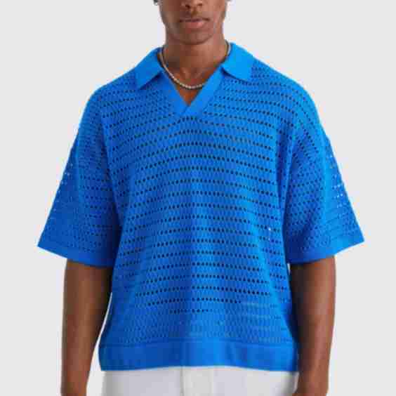 Boxy V Neck Open Knit Polo