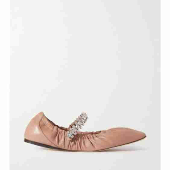 Neutral Gai Crystal-Embellished Glossed-Leather Ballet Flats