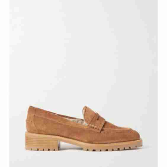 Tan Deanna Crystal-Embellished Shearling-Lined Suede Loafers