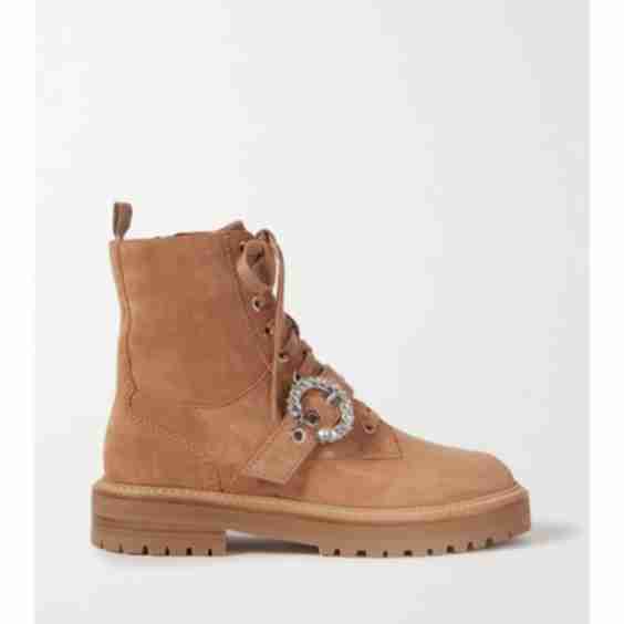 Tan Cora Crystal-Embellished Leather Ankle Boots
