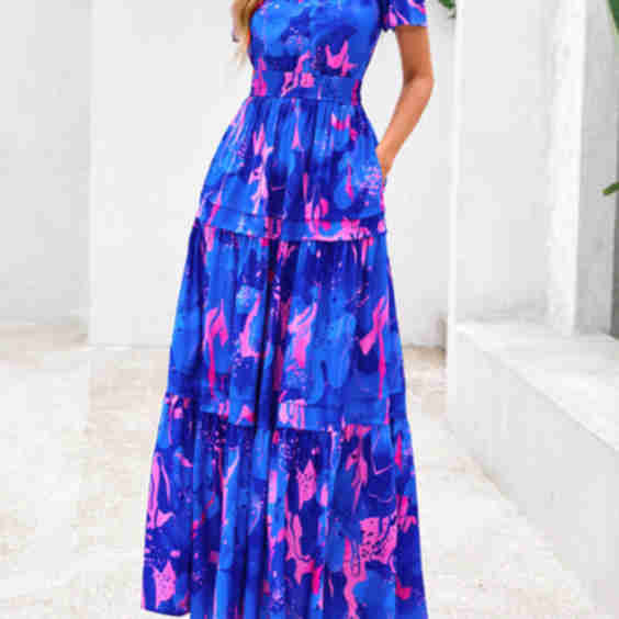 Women's Boho Maxi Dresses Floral Short Sleeve V Neck A Line Tiered Flowy Long Beach Vacation Dress