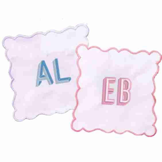 Embroidered Monogram Scalloped Cocktail Napkins, Set of 4