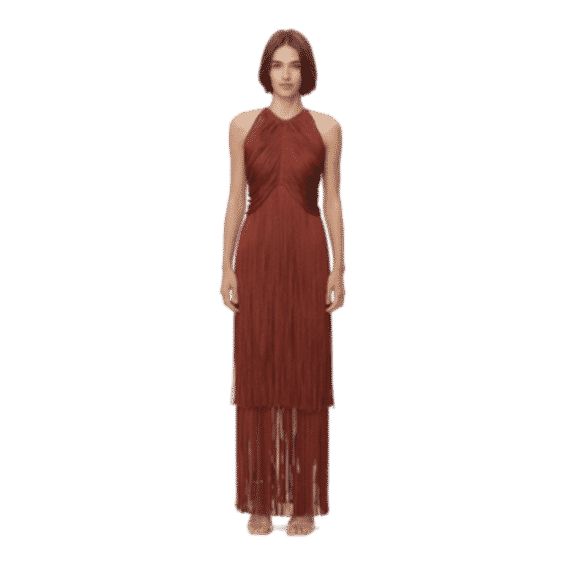 Metallic Draped Fringe Halter Gown