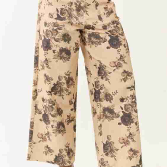 Entro Beige Rose Print Wide Leg High Rise Denim Pants
