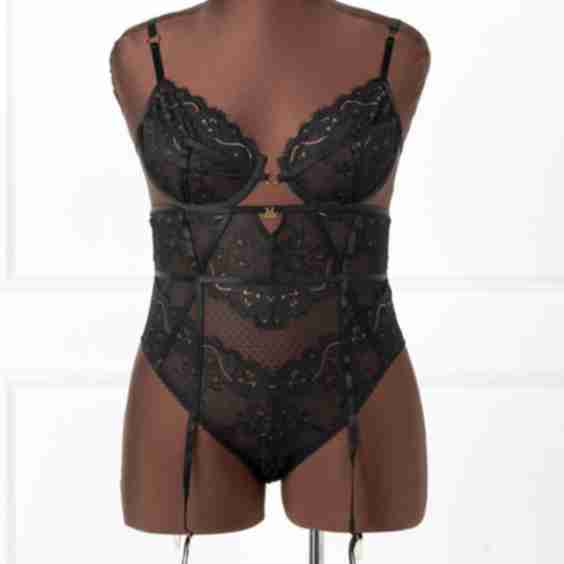 Eyelash Lace Crotchless Garter Teddy Black
