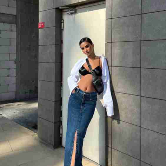 Front Split V Stitch Design Denim Skirt 