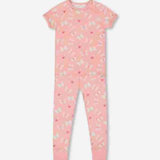 Girl's Organic Cotton Short Sleeve Top And Pant Pajama Set Pink And Blue Butterflies On Old Pink