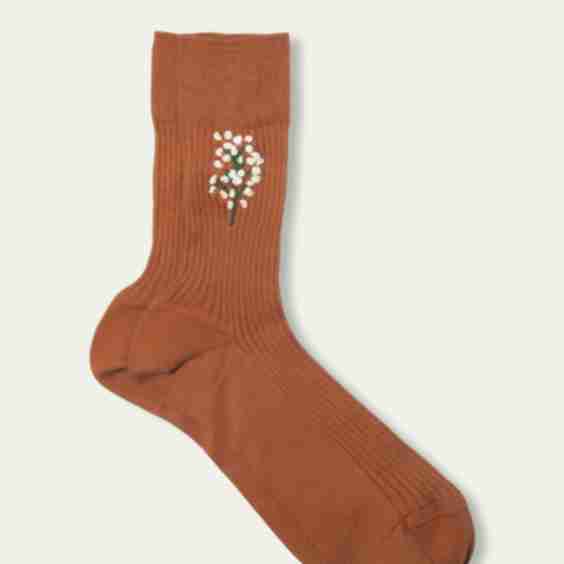 Snow Ribbed Floral-Embroidered Crew Socks