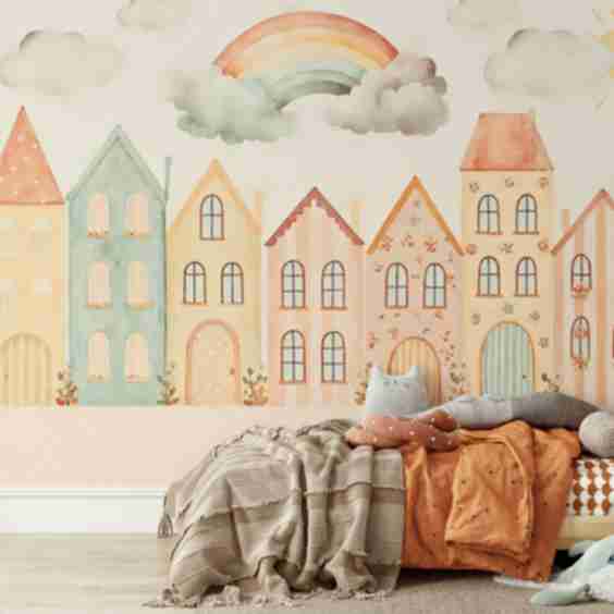 My Tiny Rainbow Town Warm Tones Wallpaper Happywall