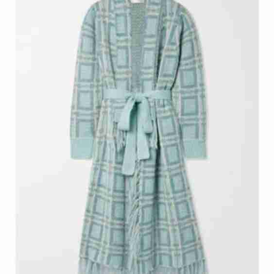 Avie Belted Fringed Checked Knitted Cardigan
