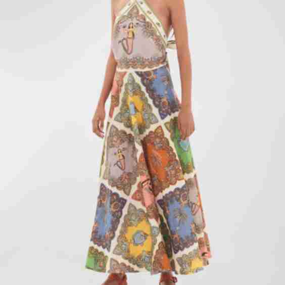 Trippy Troppo Tile-Print Linen Halter Midi Dress