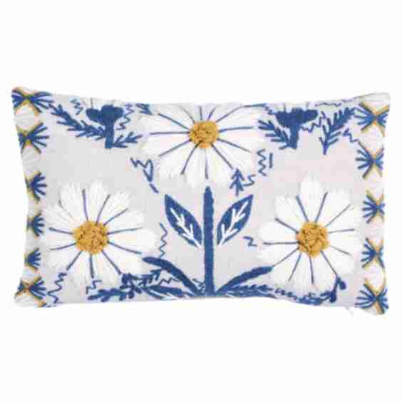 Blue & Ochre 15" X 9" Marguerite Embroidery Pillow