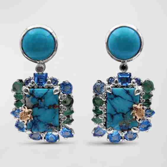 Turquoise Emerald And Blue Topaz Drop Earrings With Champagne Diamonds