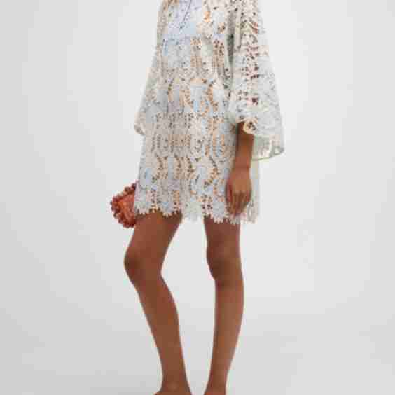 Flare-Sleeve Floral Lace Mini Caftan