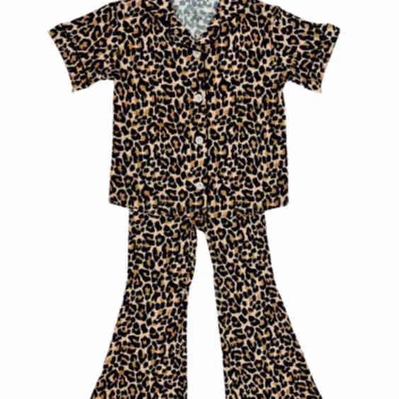 Leopard Kids Button Up Flare Set