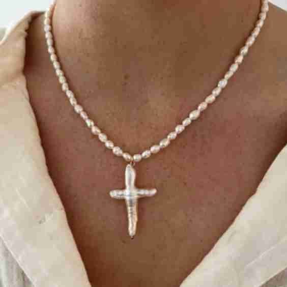 XL Pearl Cross on Pearl Necklace