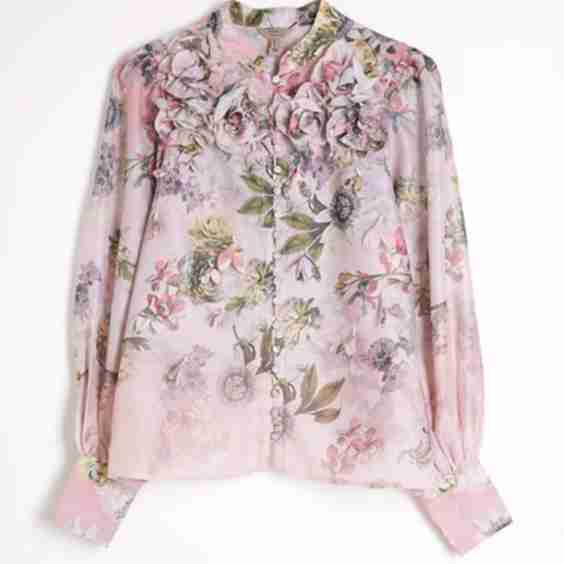 Pink 3D Floral Trimmed Sleeve Blouse