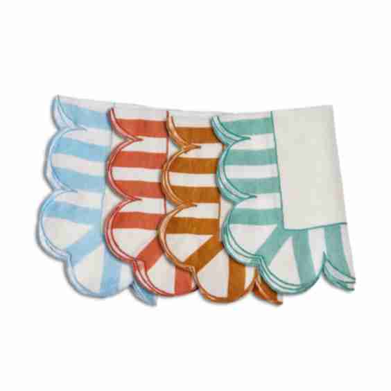 Jardin Embroidered Linen Scalloped Stripe Napkins in Multicolor, Set of 4