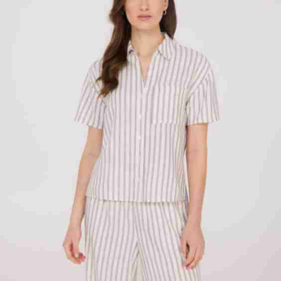 Striped Linen Blend Short Sleeve Blouse