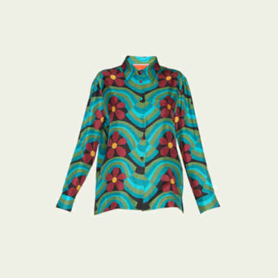 Boy Flower And Wave Print Button-Down Silk Shirt