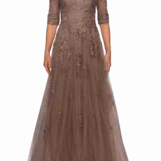 Lace And Tulle A-Line Gown with Three Quarter Sleeves