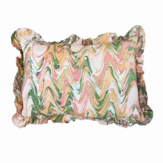 Peony Bloom Ruffled Hand-Marbled Pillow