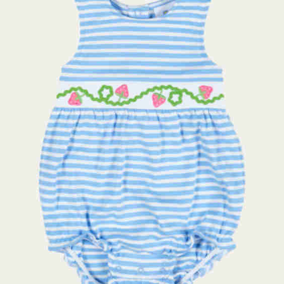 Striped Bubble Romper W/ Embroidered Strawberries
