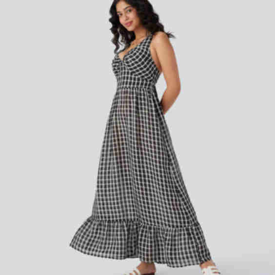 Tie Back Ruffle Hem Plaid Flowy Maxi Casual Dress