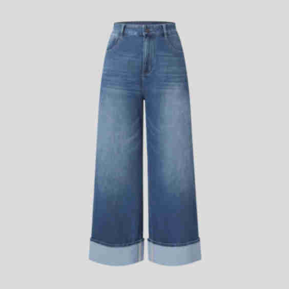 Flex High Waisted Pockets Rolled Hem Wide Leg Washed Casual Jeans