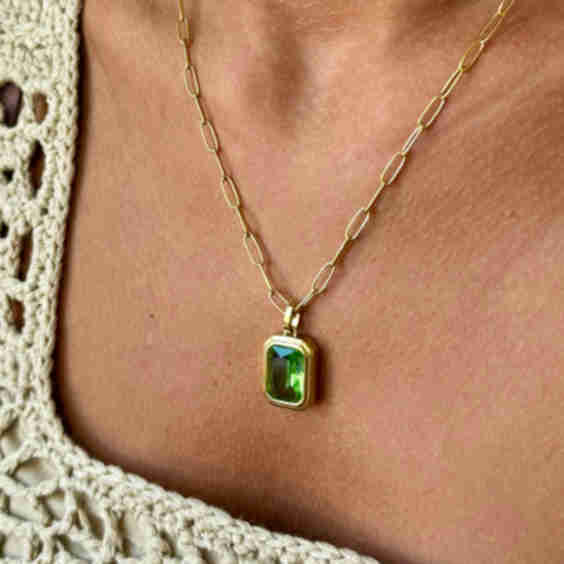 Gold Paperclip Necklace with Stone