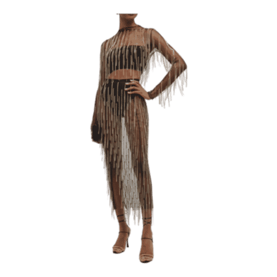 Crystal Fringe Side-Slit Mesh Midi Skirt