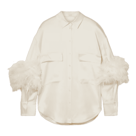 Feather-Trim Oversized Satin Button-Down Shirt