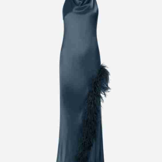 Satin Halter Gown With Feathers 