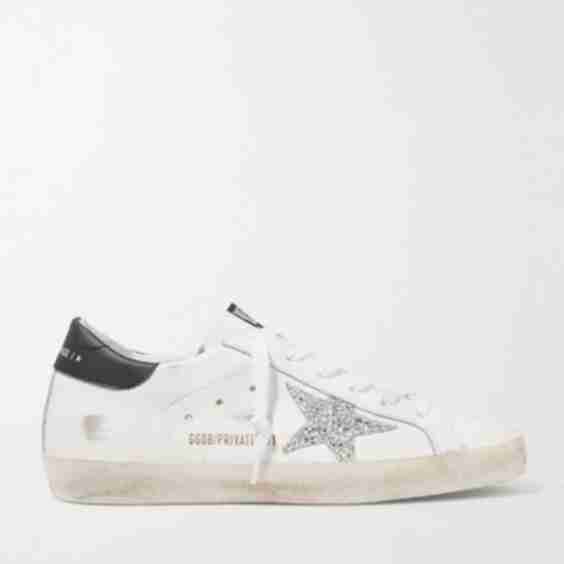 White Superstar Distressed Glittered Leather Sneakers