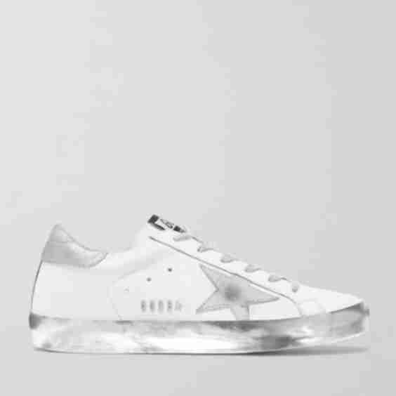White Superstar Distressed Glittered Leather Sneakers
