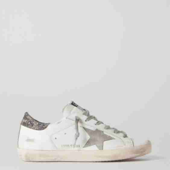 White Superstar Distressed Glittered Leather Sneakers