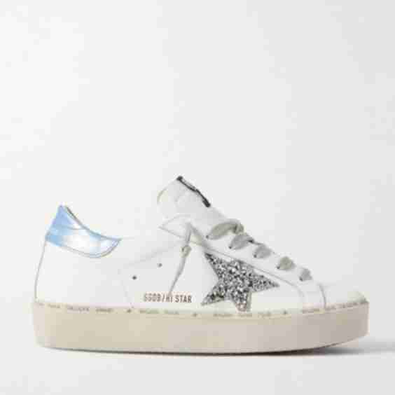 White Hi Star Distressed Glittered Leather Sneakers