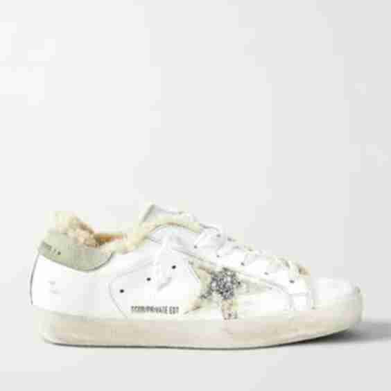 Superstar Shearling-Lined Distressed Glittered Leather Sneakers