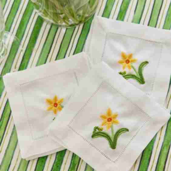 Embroidered Daffodil & Inch Worm Cocktail Napkins, Set of 4