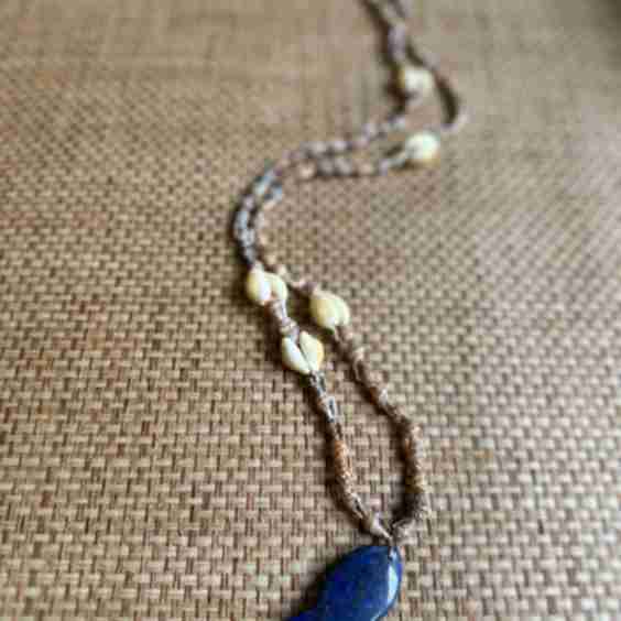 Vintage Seashell Long Necklace With Blue Lapis Fish