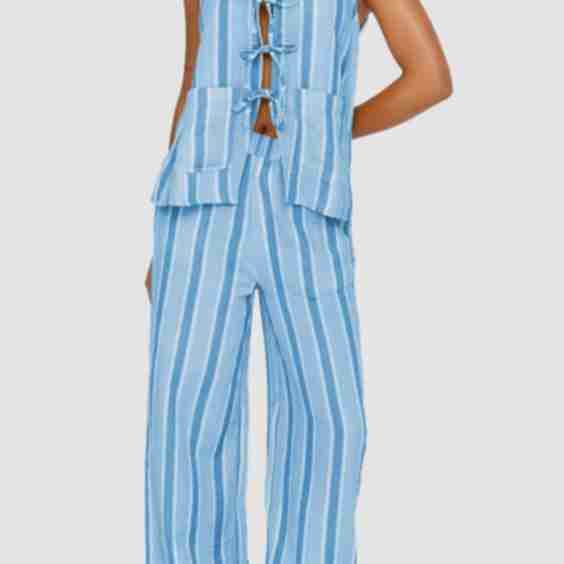 Tied Front Striped Top And Pants Set