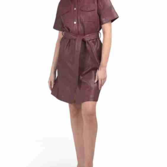 Genuine Leather Belted Mini Dress