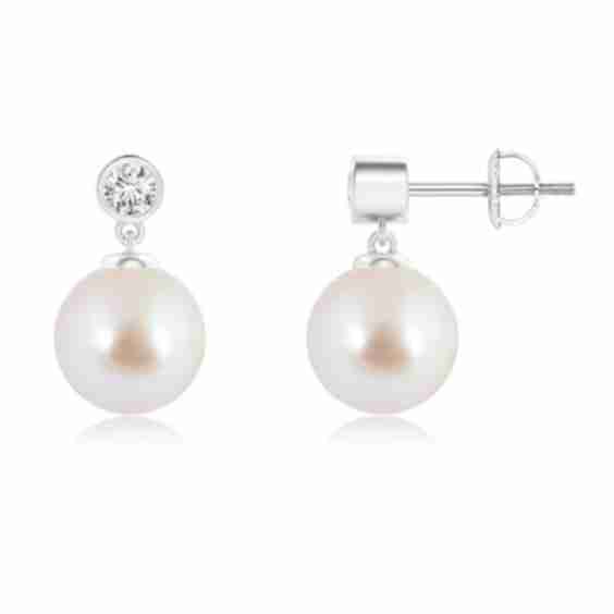 Japanese Akoya Pearl Drop Earrings with Bezel Diamond