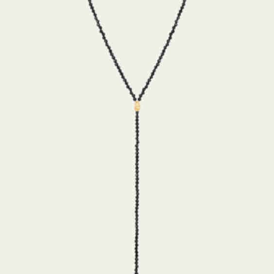 Micro Faceted Black Spinel Lariat Necklace with 14K Gold Filled Textured Orzo Beads
