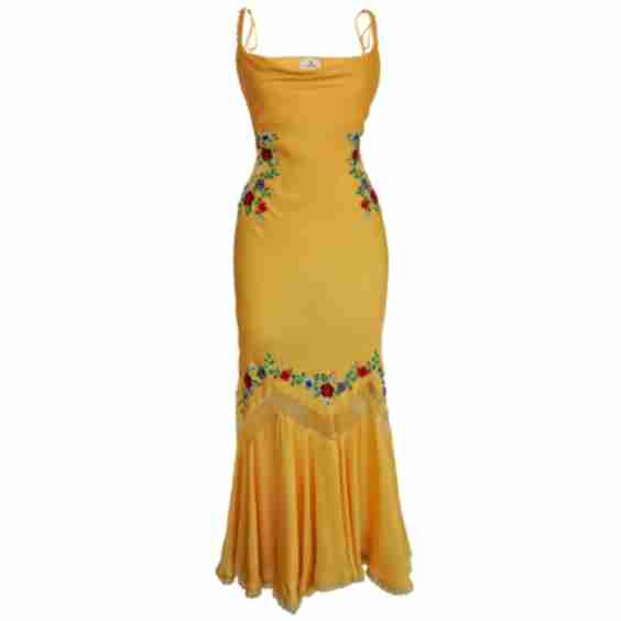 Yellow Cutout Slip Dress Embroidered Midi With Draping Lace Detail