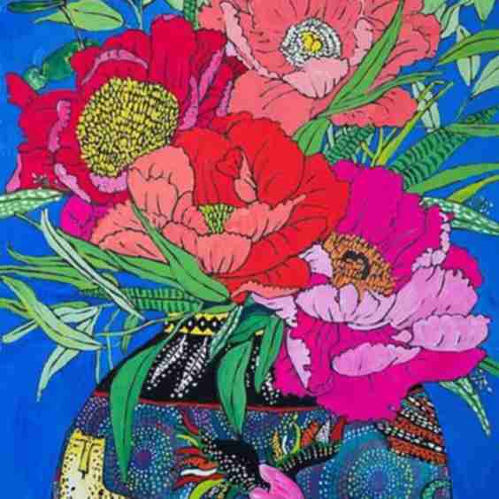Vibrant Peony Bouquet In Patterned Fireworks Vase With Cheetah And Bird And Monkey Design