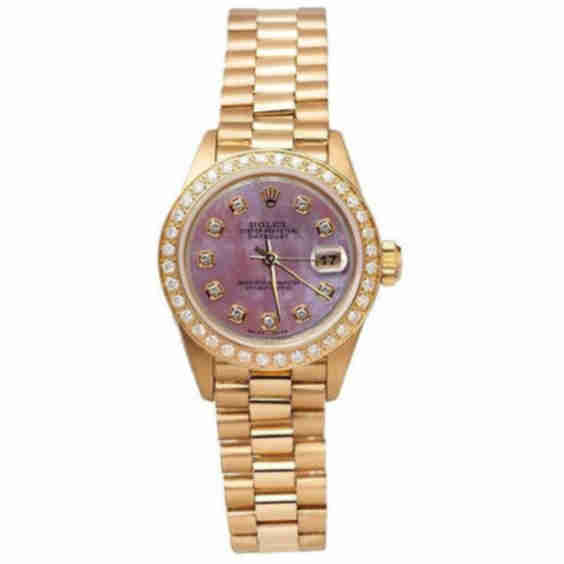 President Style Watch with Mother of Pearl Dial and Diamonds, Gold Bezel