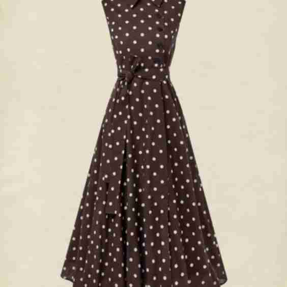 Midi Cotton Dress , Sleeveless, Shawl Collar, Polka Dots, Button Design