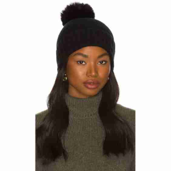 Cashmere Slouchy Cuff Beanie With Faux Fur Pom