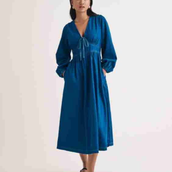 Denim Twill Balloon Sleeve Astra Midi Dress